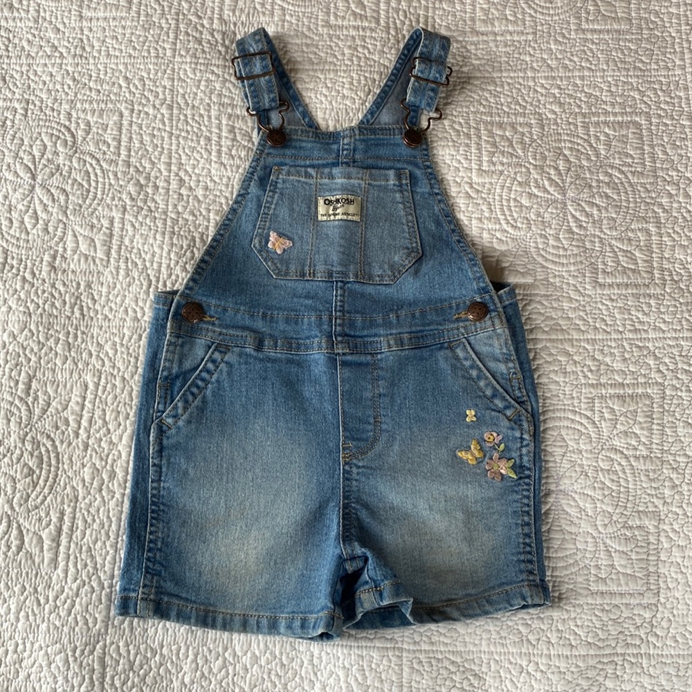 OshKosh B’Gosh Shortalls, Denim w/ Embroidered Butterflies & Flowers, Size 3T